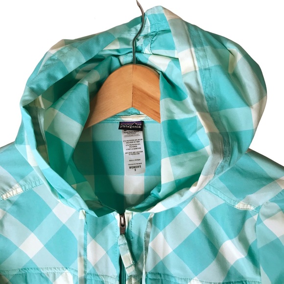 Women's Small Patagonia Check Gingham Shell Jacket Coat Aqua Cream Windbreaker - Picture 3 of 11